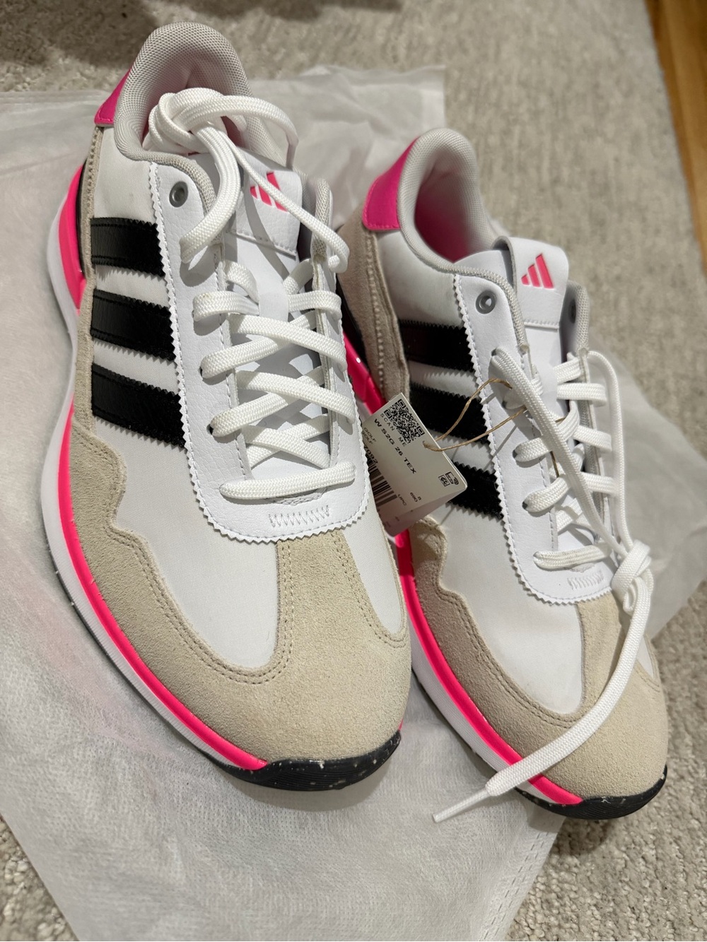 adidas Women’s White Black Sneakers with Hot Pink Accents